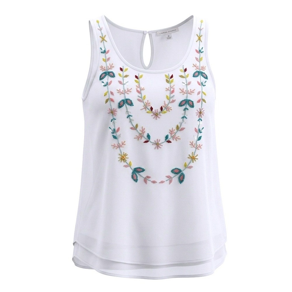 LC Lauren Conrad White Floral Beaded Embroidered Chiffon Blouse Tank Top Medium